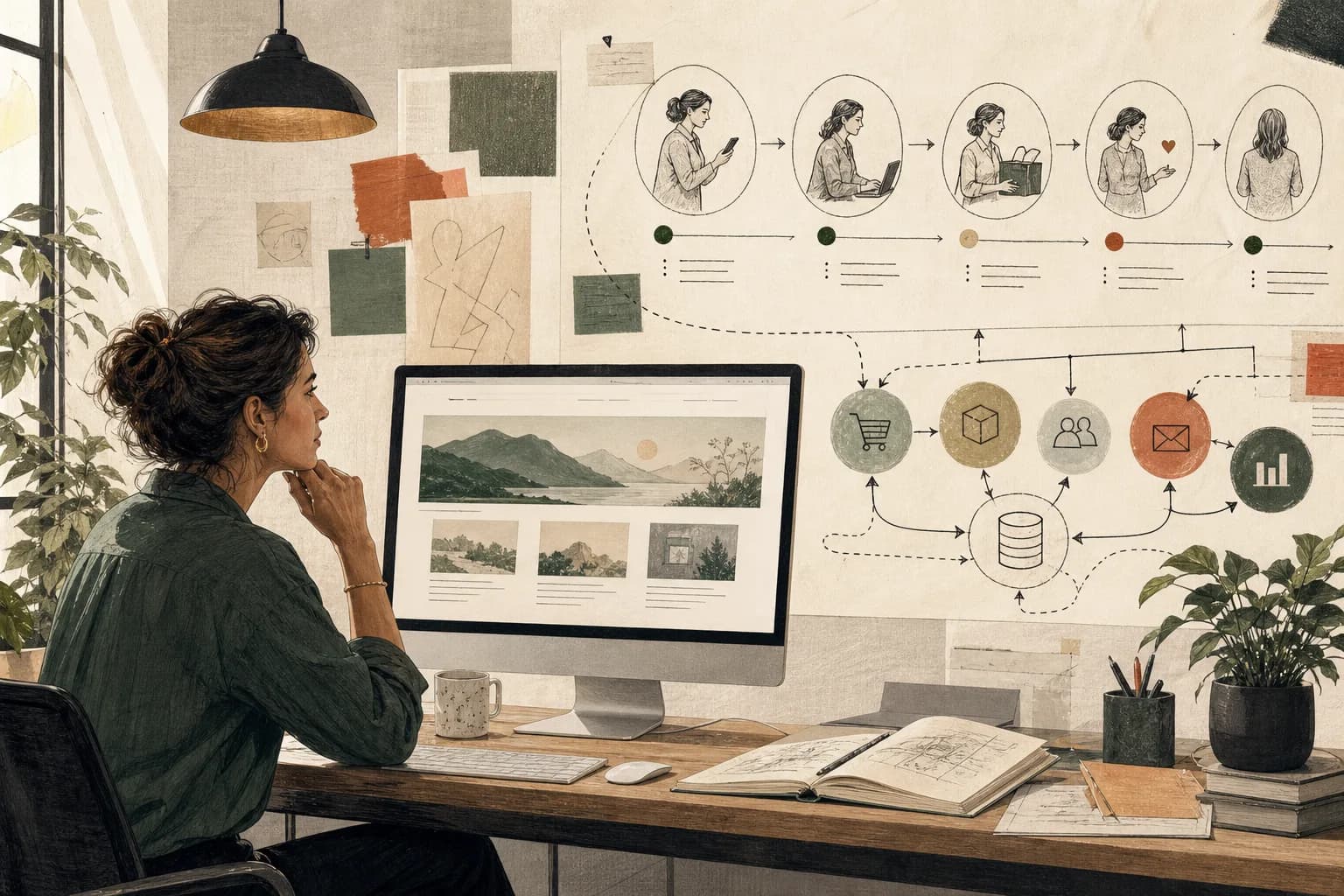 Business owner comparing an AI website draft with a connected customer journey and operating system