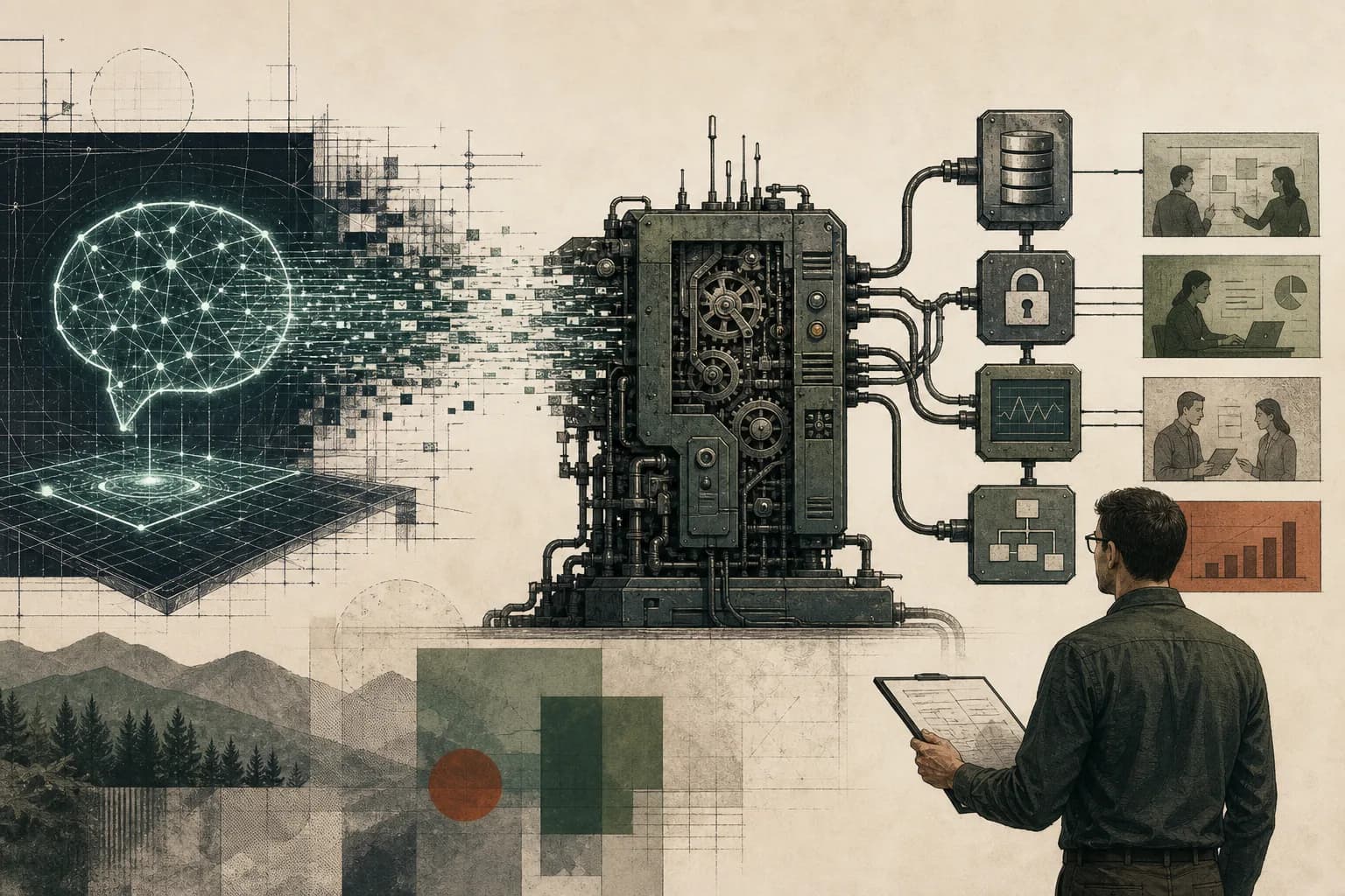 AI prototype becoming a production machine with security, data, monitoring, and human oversight