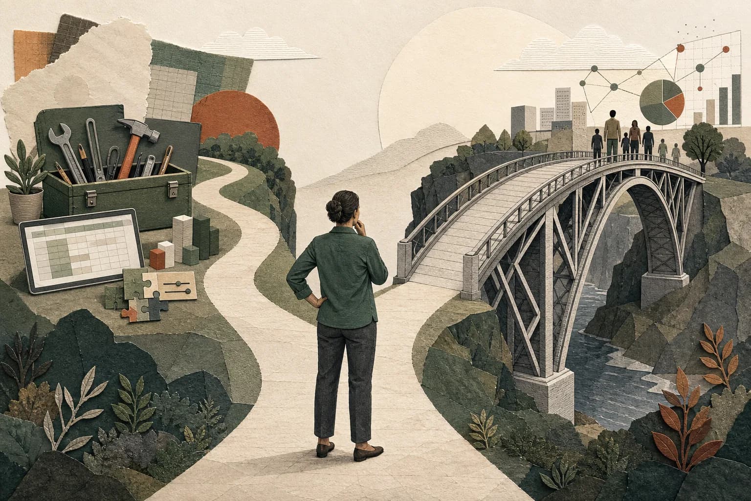 Business owner choosing between a practical DIY toolkit and an engineered bridge to a growing operation