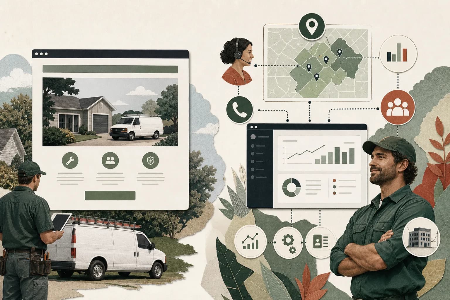 Field service website connected to service areas, calls, analytics, customers, and business operations