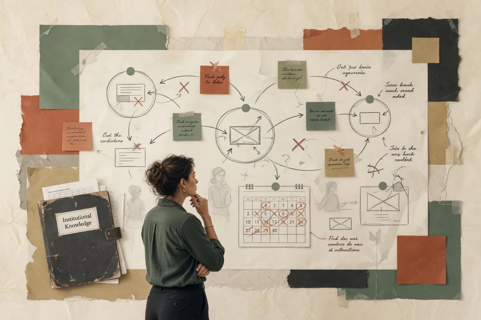 Business owner mapping broken workflows and red-flag process bottlenecks on a wall-sized operations diagram