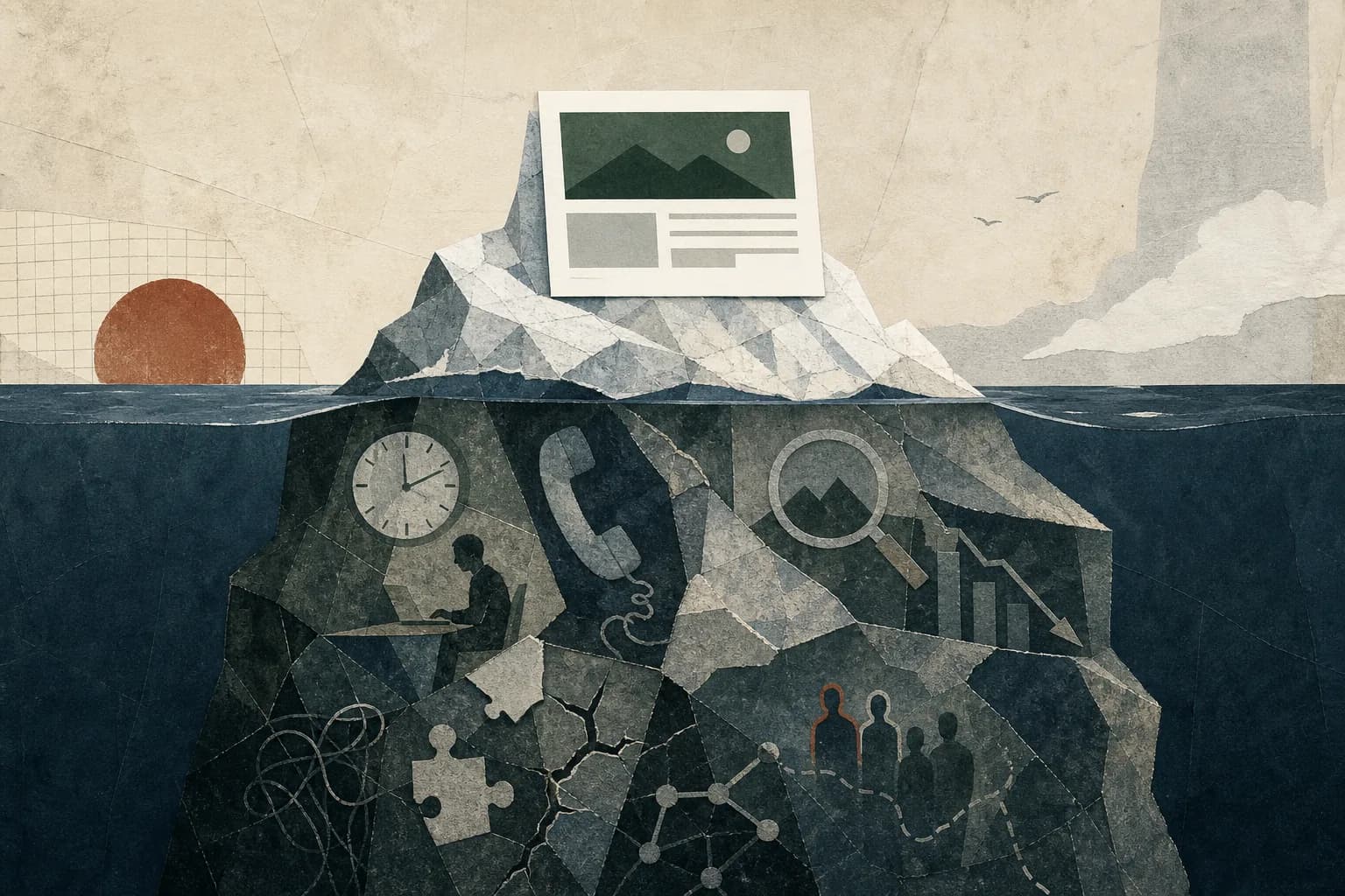 Simple free website above an iceberg of hidden time, search, tracking, and lead costs