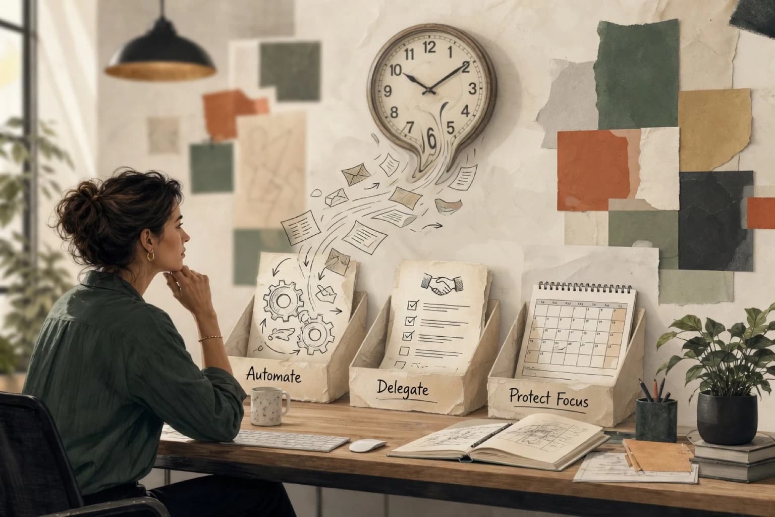 Business owner reclaiming time by sorting tasks into automate, delegate, and protect-focus buckets