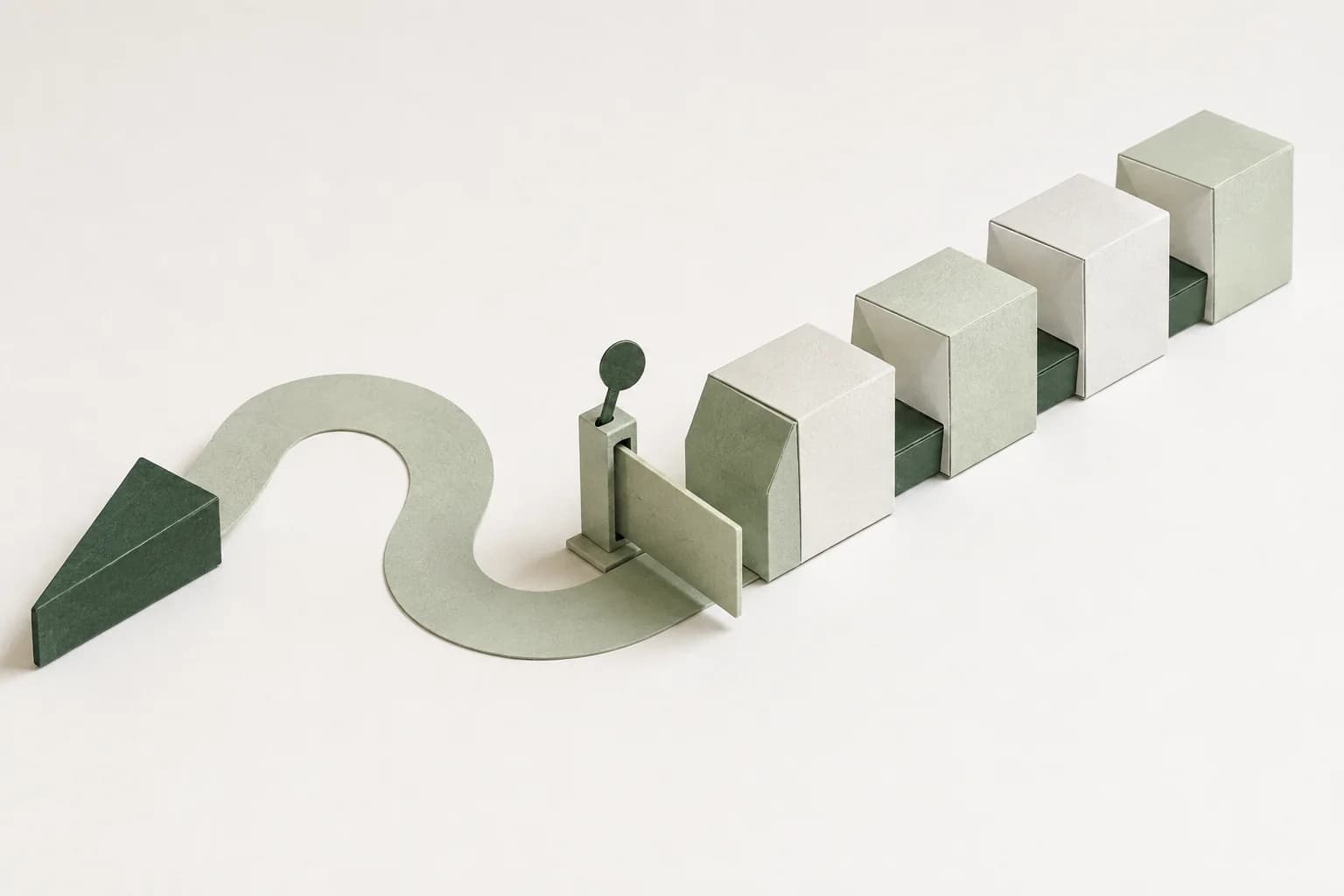 A movable paper pointer beside connected green blocks and a small approval gate