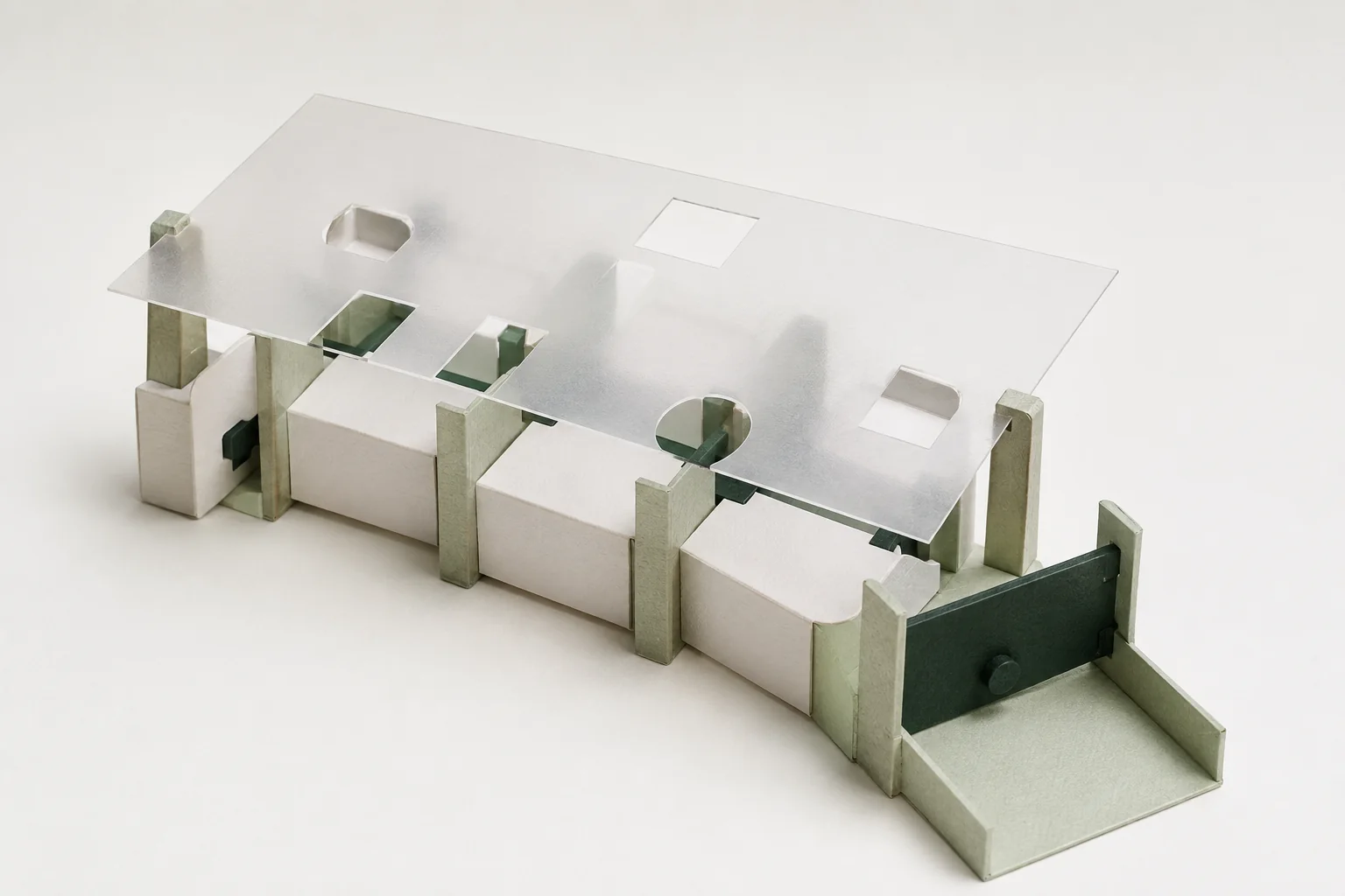 A translucent inspection sheet above a paper construction with a green approval gate