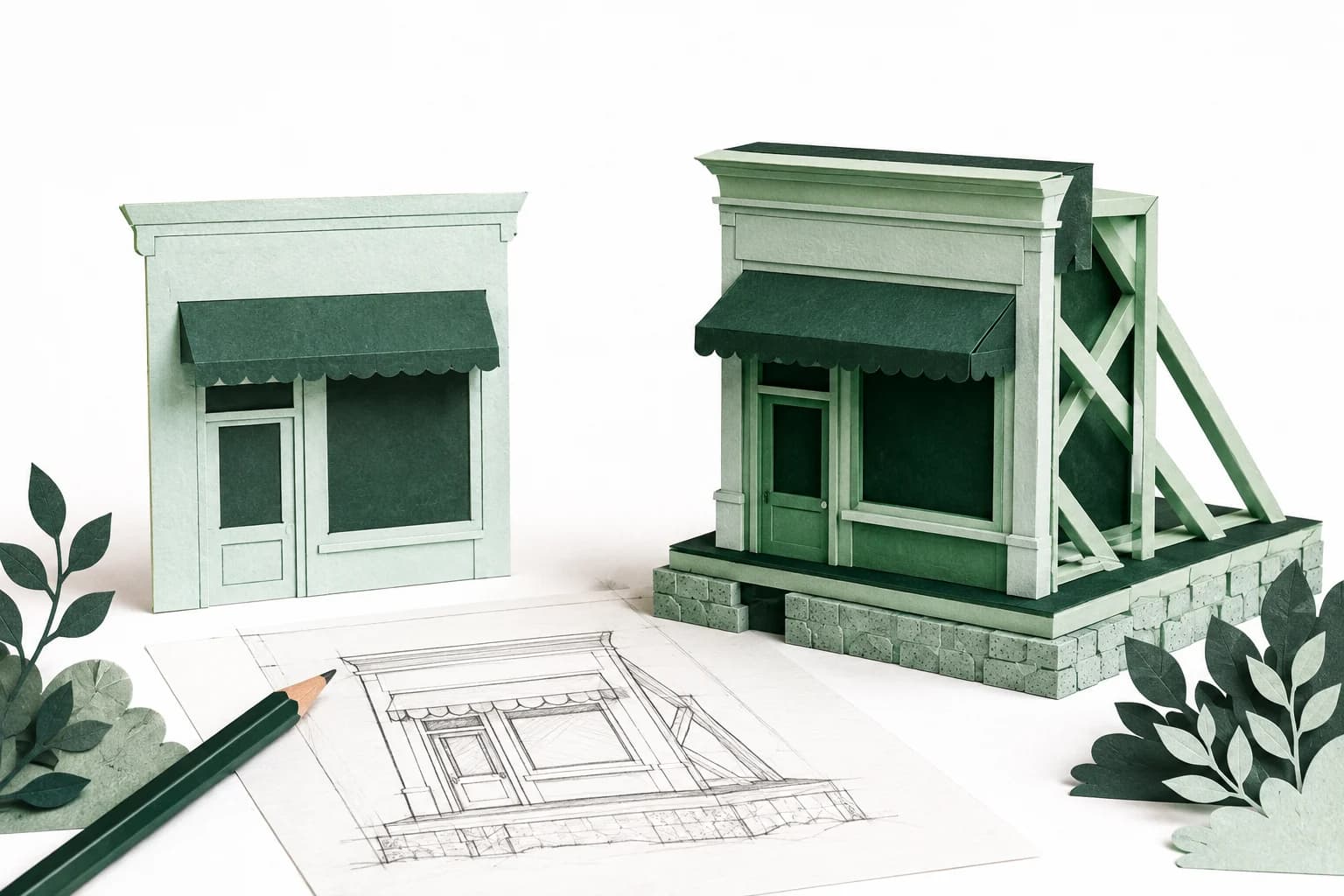 A paper storefront facade beside a supported model with a foundation and drafting sketch
