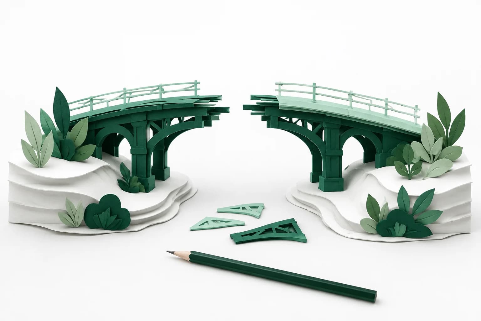 An unfinished paper bridge with supporting structures and a drafting pencil