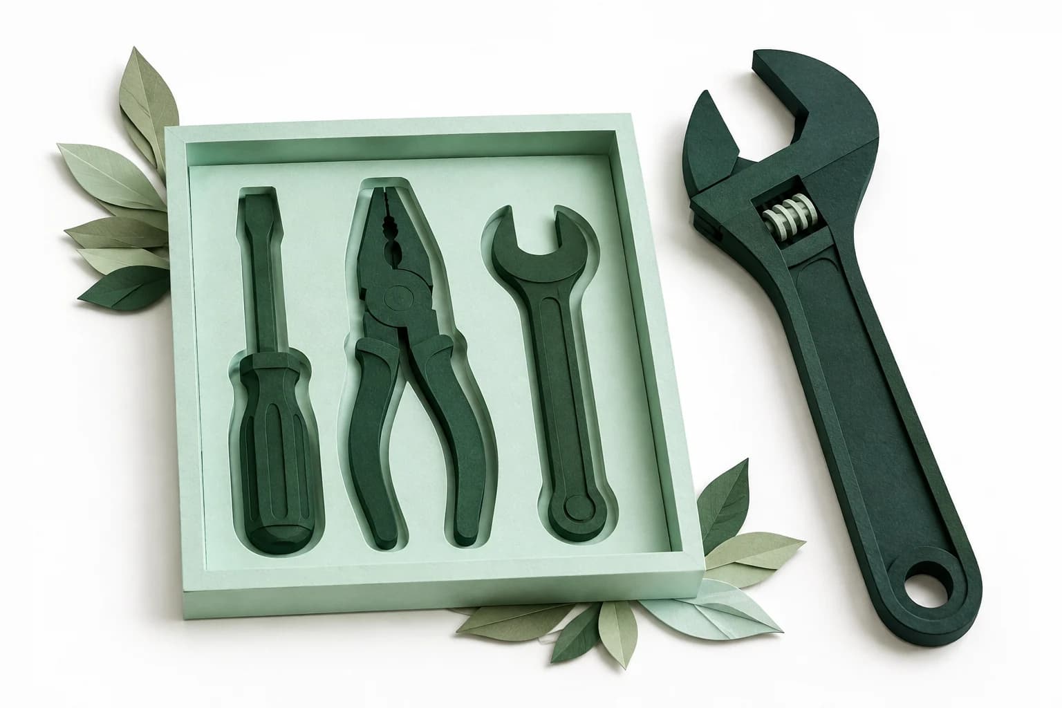 Three fitted paper tools in a mint tray beside an oversized generic wrench