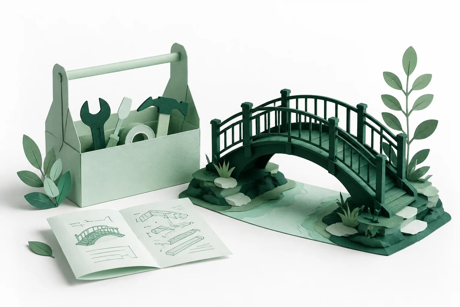 A mint paper toolbox beside a carefully built model bridge and folded instructions