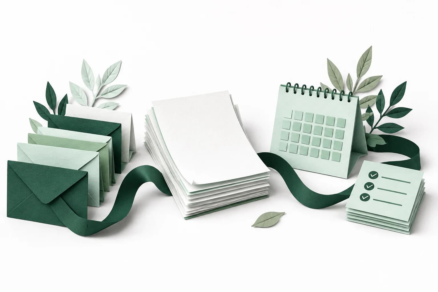 Envelopes, invoice sheets, a calendar and task cards joined by a green paper ribbon