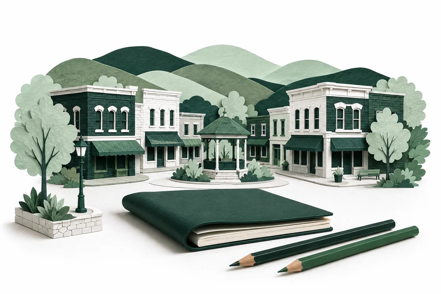An Ozark town square made from green and white paper with a project notebook and two pencils