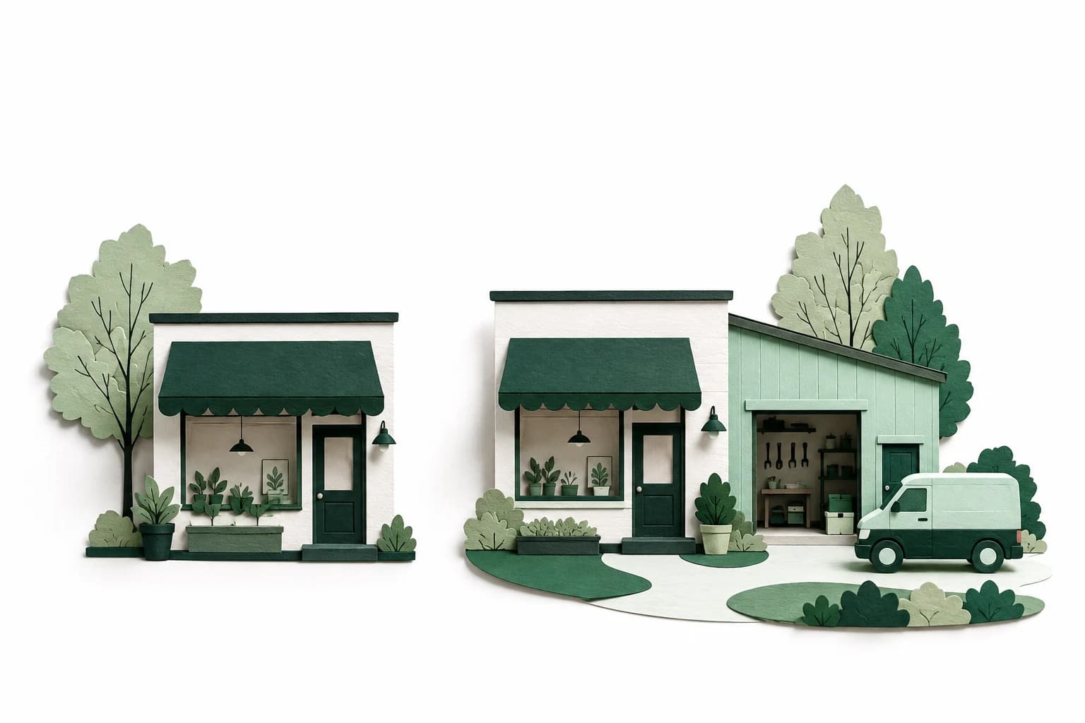 Two paper service-business storefronts, one compact and one with a workshop and delivery van