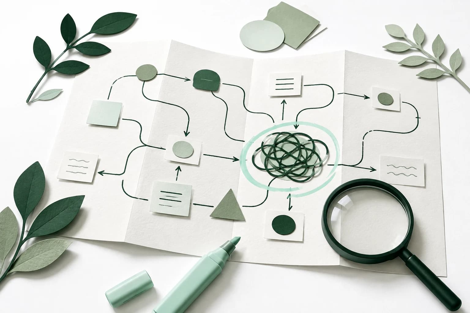 A paper process map with a circled bottleneck and magnifying glass in forest green and mint