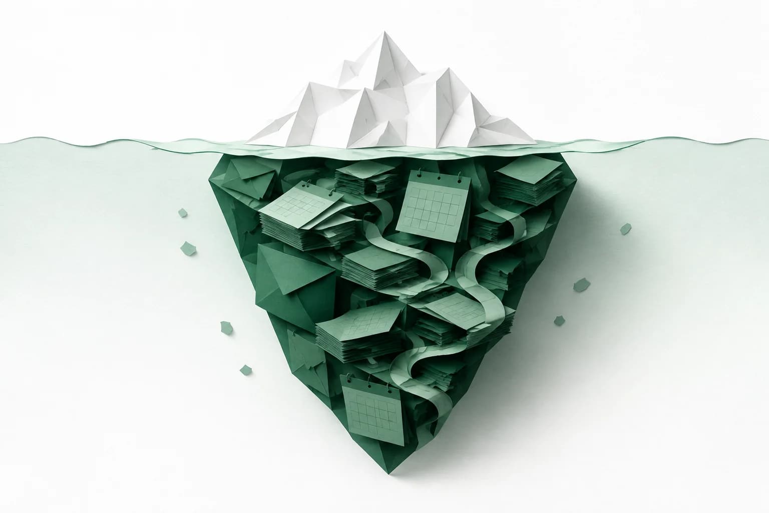 A paper iceberg with calendars and envelopes beneath the waterline representing hidden costs