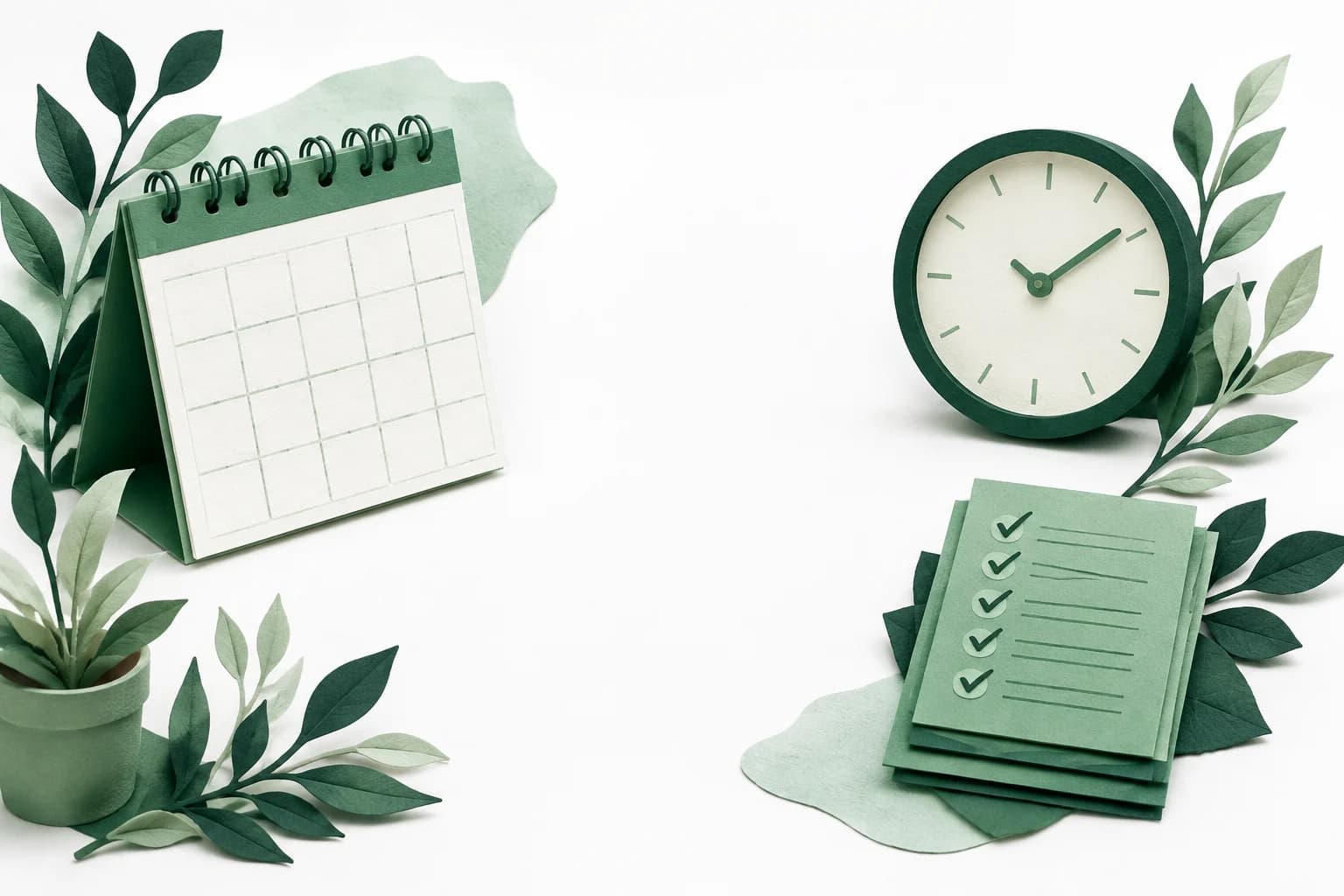 A blank calendar, analogue clock and completed task cards with open space between them