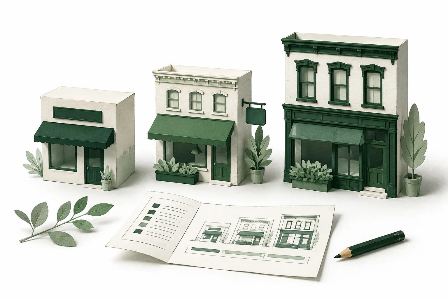 Three paper storefront models with different levels of detail beside a project estimate and pencil
